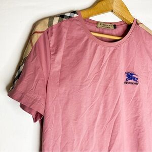 Burberry Pink Logo Tee with Check Shoulder Trim